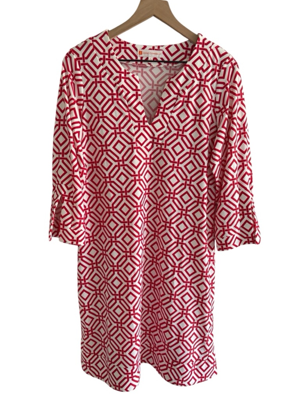 Jude Connally Megan Dress Red White Geometric Large 3/4 Sleeve Tunic Shift